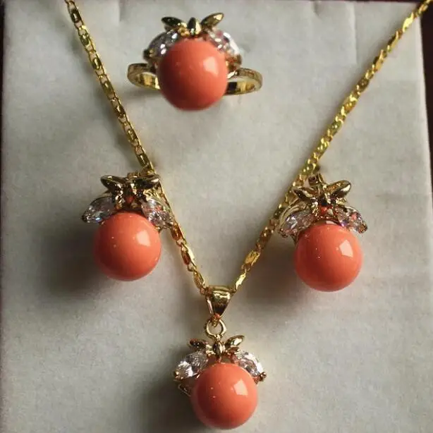 Jewelry Pearl Set fancy jewelry set 10mm orange shell pearl ring pendant &amp stud earring Free Shipping | Украшения и аксессуары