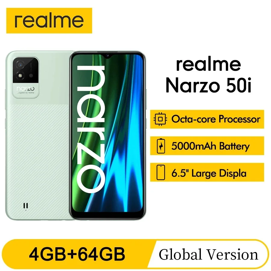 Realme narzo 50i versão global smartphone 6.5 polegada grande tela de exibição...