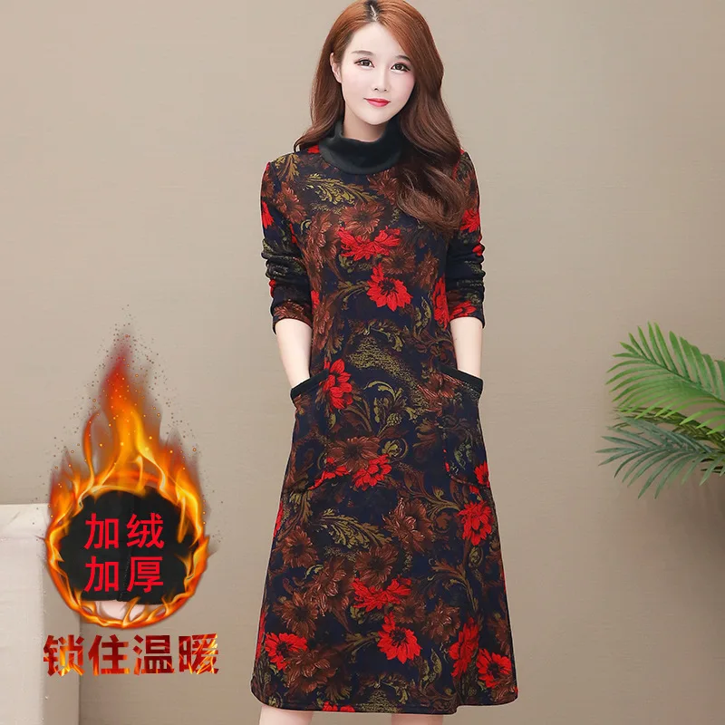 

2019 Autumn And Winter plus Velvet New Style Large Size WOMEN'S Dress Slim Fit Slimming by Age Fashion Nobility Western Style Ba
