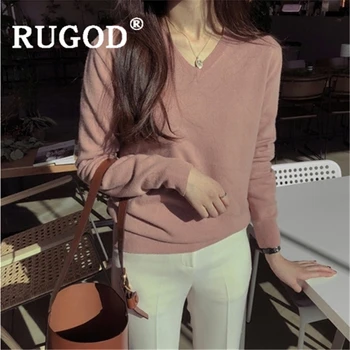 

RUGOD 2019 New autumn warm sweater pullovers for women cashmere pink v neck slim thin sweater fashion femme elegant causal modis