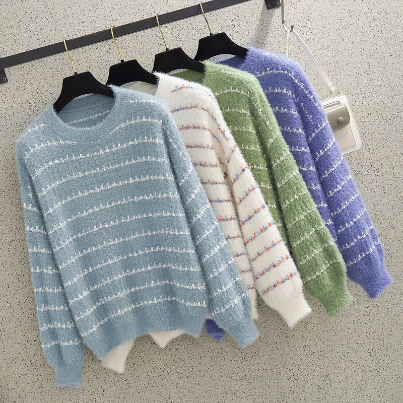 

2019 new Korean version of autumn and winter fashion loose color pinstripe water jacket sweater