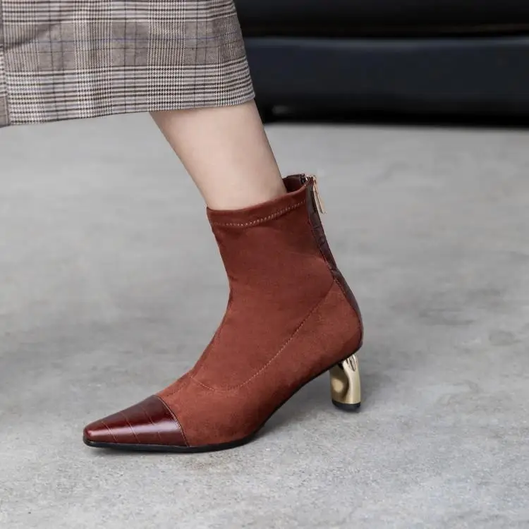 Buono Scarpe/ботильоны на металлическом каблуке; Лоскутные кожаные ботинки на молнии; Botas Fenimina; ботинки для выпускного; Цвет черный, коричневый; женские ботинки Zpatos Mujer