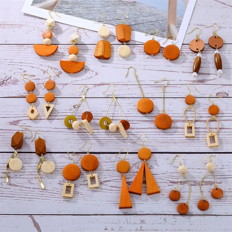 

FNIO Vintage Natural Wooden Dangel Earrings For Women Bohemian Light Brown Geometric Splicing Hollow Drop Earring Fashion Jewelr