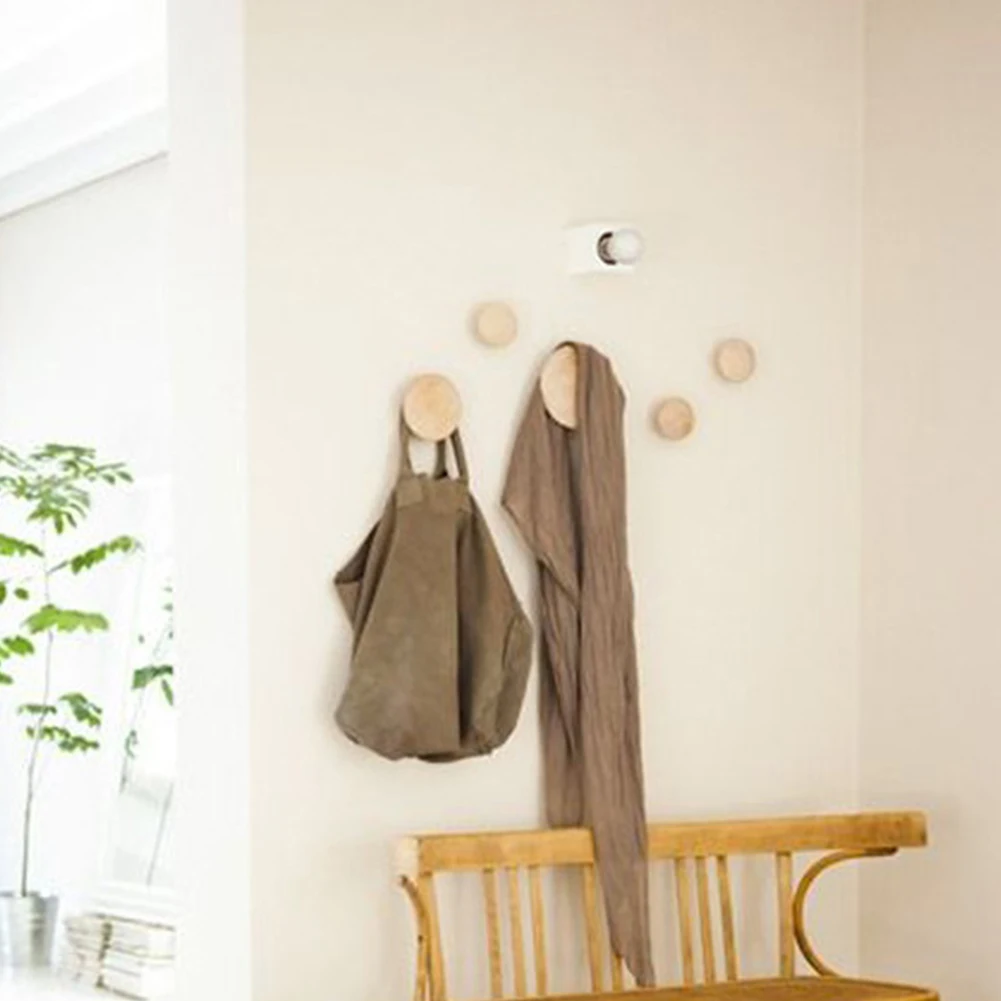 

5pcs Solid Wood Living Room Round Dots Door Bedroom Wall Hook Set Home Decoration Organizer Rack Coat Hanger Clothes Bag Modern