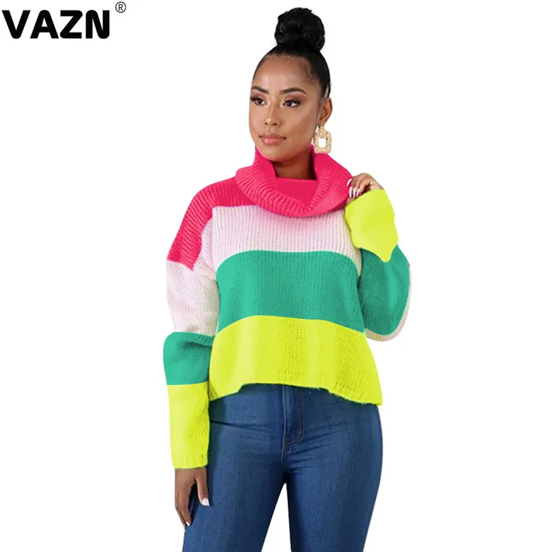 VAZN Striped Tall Neck Spring hot casual coat sweatshirt women full sleeve sweatshirt lady drop-shoulder short sweatshirt