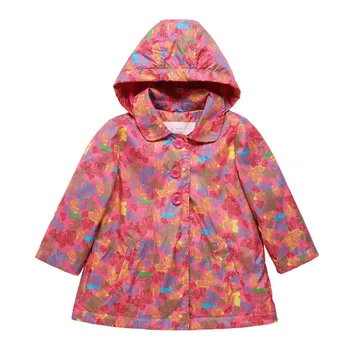 

New spring autumn girls baby plus velvet princess cute windbreaker print butterfly hooded outdoor coat kids clothes