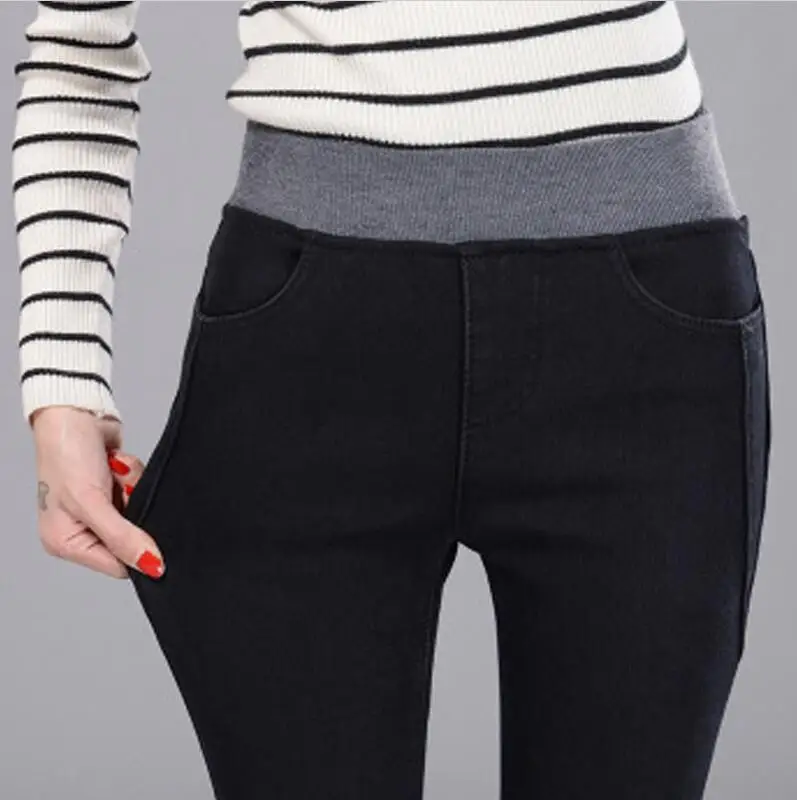 Эластичные Обтягивающие джинсы для женщин зимние теплые джинсовые штаны плотные тонкие узкие брюки с высокой талией женские осенние джинсовые брюки - Цвет: black-thin