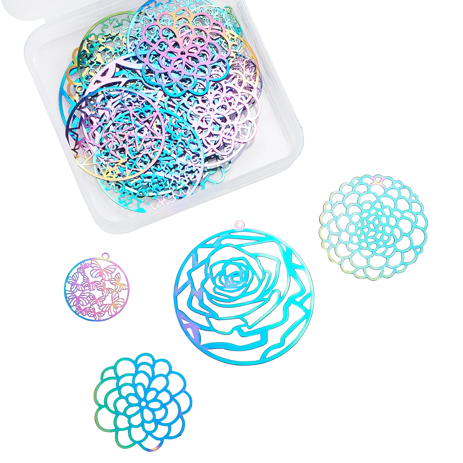 24Pcs Stainless Steel Rainbow Filigree Pendants Etched Metal Embellishments for Earrings Jewelry Making