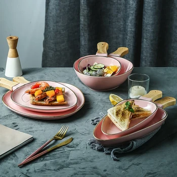 

Japanese Ceramic Pink Baked Rice Baking Dish with Handle Hotel Restaurant Kitchen Tableware Simple Home Salad Dessert Sushi Tray
