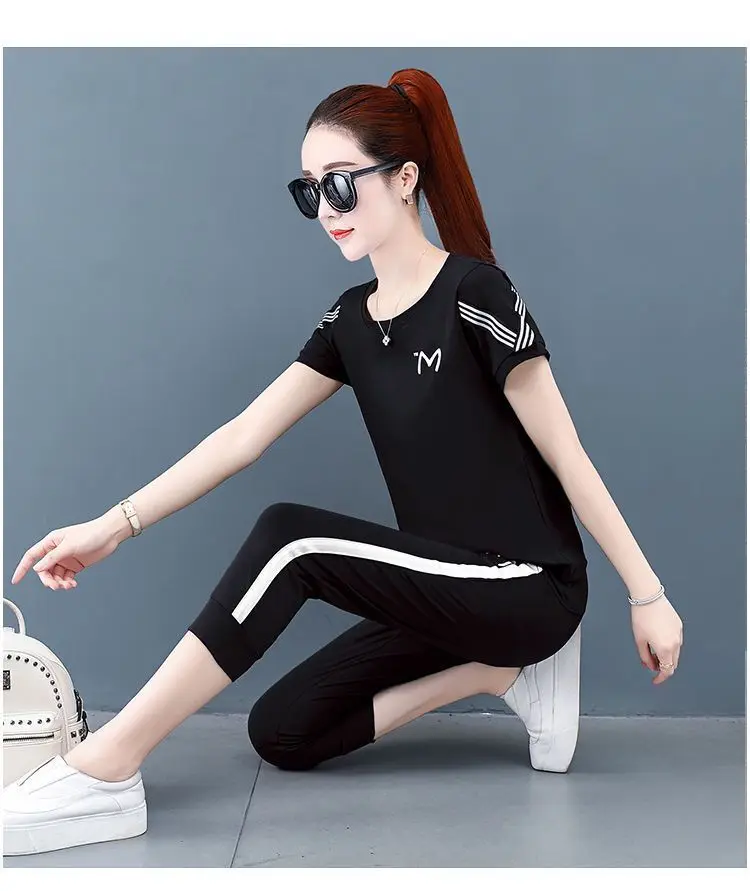 Summer 2022 New Sports Suit Loose Korean Version Short Sleeved Casual Large Size Student Fashion Two Piece Set Women matching top and trousers set