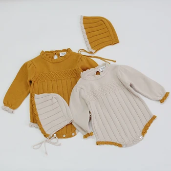 

Toddler Baby Girls Clothing Suit Long Sleeve Knitting Romper+Hat Lovely Princess Style Autumn Baby Girls Clothing Sets
