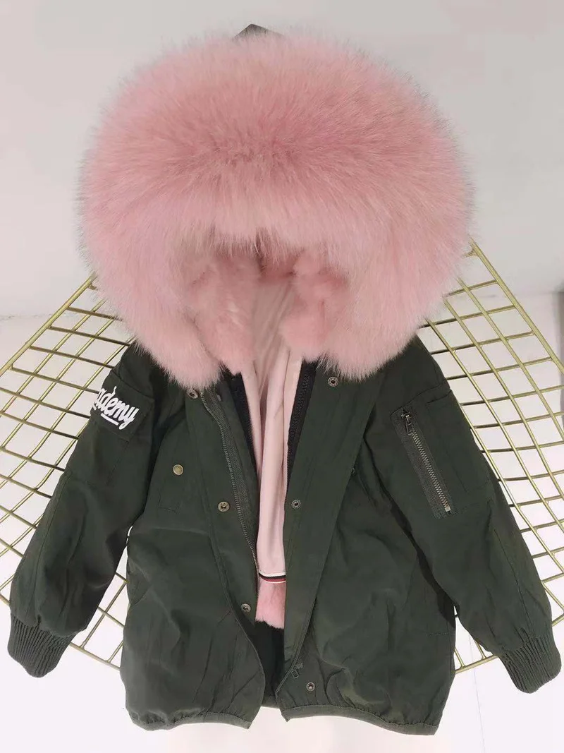 green pink fur Настоящий мех кролика, парки, пальто с капюшоном из лисьего меха, Детская куртка для мальчиков и девочек, ветровка, детская зимняя одежда - Цвет: green pink fur