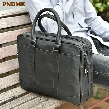 

PNDME simple casual genuine leather men's briefcase business cowhide handbag handmade luxury large laptop shoulder messenger bag