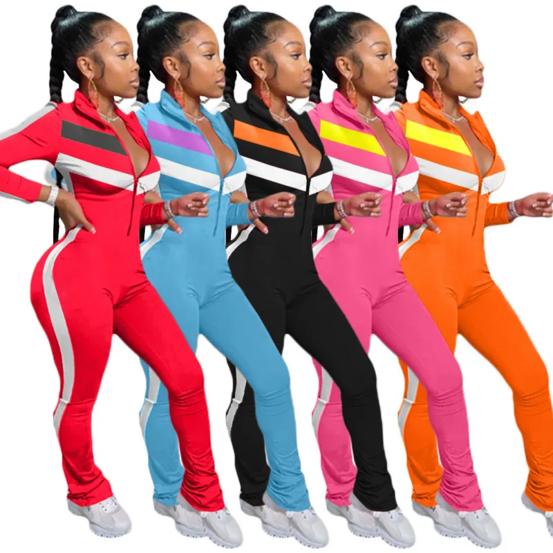 

2020 New Autumn Woman Jumpsuit Hot Style Model Solid-color Patchwork Zipper Long Sleeves Stand Collar Rompers Bodysuit