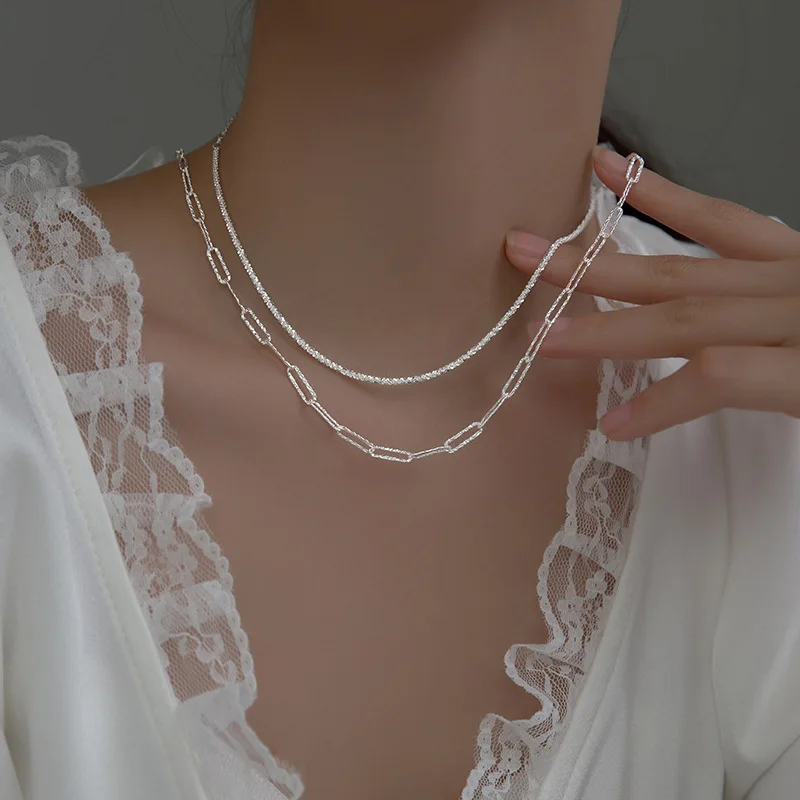 

925 Sterling Silver Golden On The Neck Jewelry Geometric Rectangle Chain Women Necklace Clavicle Chain Ornaments Gift 50 CM