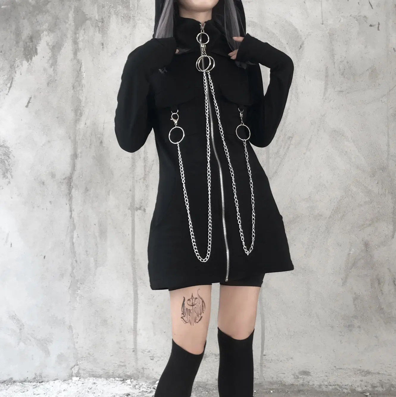 InsGoth Black Hooded Sweatshirts Women Coats Gothic Punk Zipper Material Chain Long Hoodies Pullover Streetwear Lady Long Hoodie