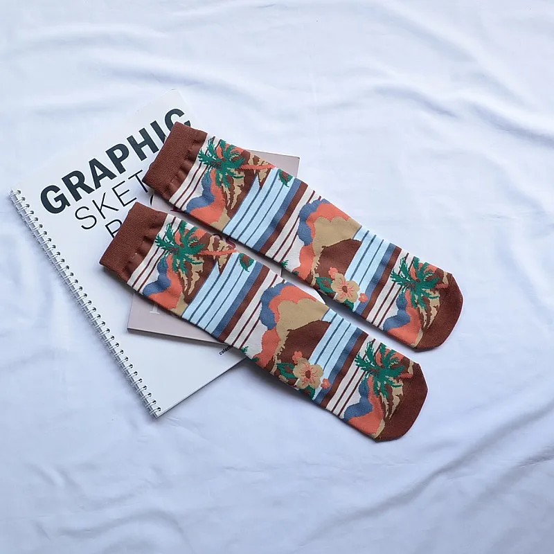 Dropshipping 2020 Combed Cotton Short Socks Unisex Cartoon Striped Coconut Tree Fashion Plaid Sunflower Retro Plant Sport Socks