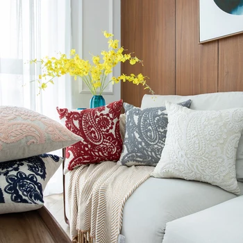 

Vintage Grey Navy Red Air Embroidery Cushion Cover Home Decoration Linen Cotton 3D Flowers Pillow Cover 45x45cm SofaPillow