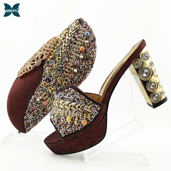 

2020 Newest Italian design Fashion Metal Fish Bone Decorative Ladies Shoes and Bag Set in Wine Color for Party