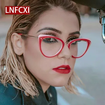 

LNFCXI Cat Eye Eyeglasses Frame Women Fashion Designer Nail Flat Mirror Meter Leg Female Glasses Frames