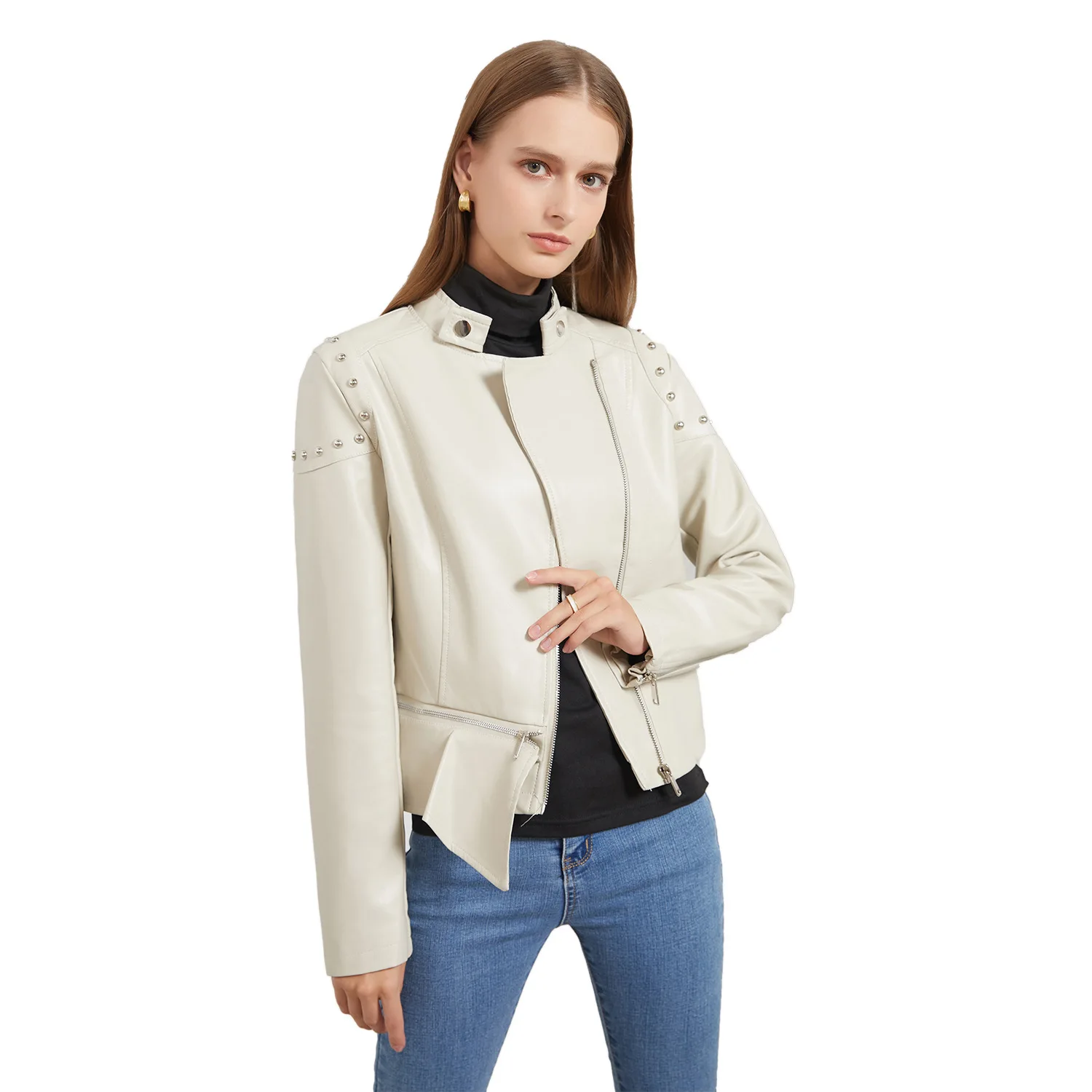2021 New Rivet Fashion Stand Collar Leather Clothes Women's Solid Color Jacket Lddy's Spring And Autumn Coat Women's Irregular