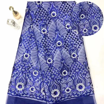 

High Quality 2020 Tulle Sequins Royal Blue African Lace Fabric Embroidered French Net Nigerian Lace Fabrics For Wedding