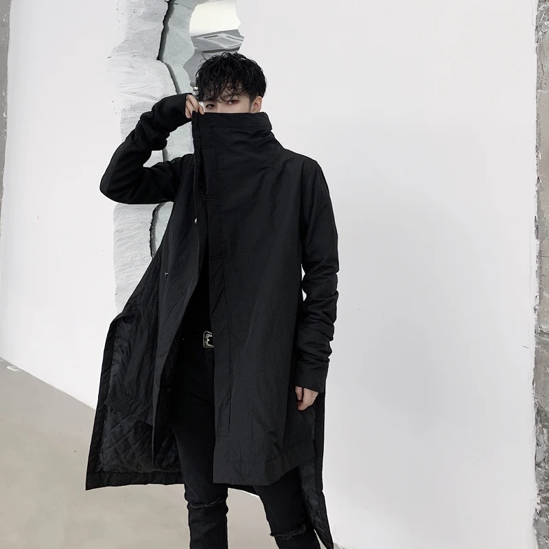 Для мужчин нерегулярные длинная куртка-парка, верхняя одежда для мальчиков Япония уличная в готическом стиле, свободное, черного цвета, на подкладке из хлопка плотное пальто, верхняя одежда