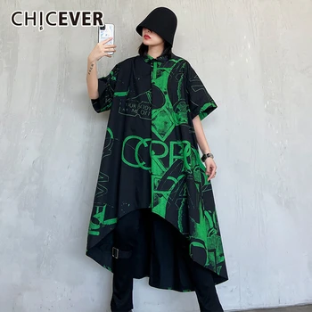 

CHICEVER Print Hit Color Dress For Female Lapel Collar Short Sleeve Oversize Loose Asymmetric Midi Dresses Women 2020 Summer New