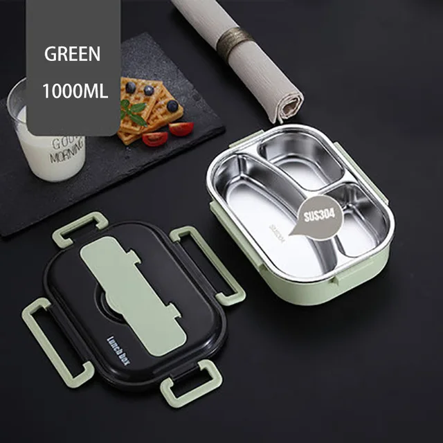 Green 3 compartment thermo lunchbox for Kids With Compartments 304 Stainless Steel Japanese Bento Box Microwave Heating Food Container Tableware - Цвет: Green 3 compartment
