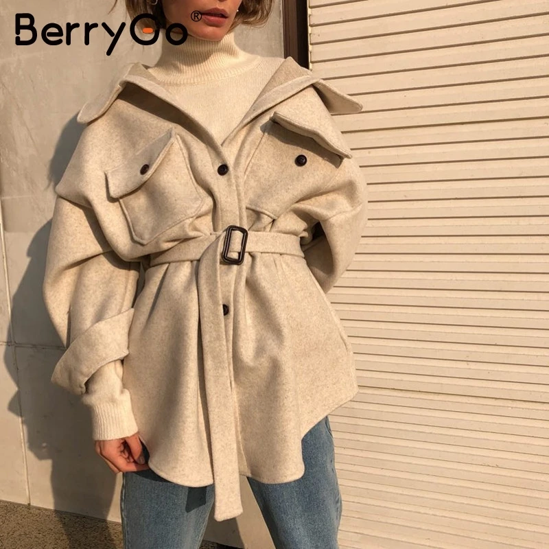 BerryGo, винтажная уличная одежда, Свободное пальто, женское, повседневное, негабаритное, для девушек, пальто, карманы, пояс, осень, зима, женское твидовое пальто