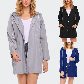 

2019 News Women's Fashion Solid Rain Jacket Outdoor Waterproof Hooded Raincoat Windproof Pocket Coat