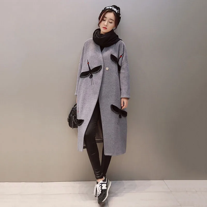 Autumn Winter Woman Coats Fashion Trench coat Embroidered V-neck Gray wool coat Women Long Coat Korean Feminine Tops mujer
