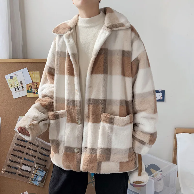 Winter Thick Plaid Coat Men's Warm Parka Men Fashion Casual Couple Coat Street Wild Loose Lapel Cotton Jackets Male Clothes
