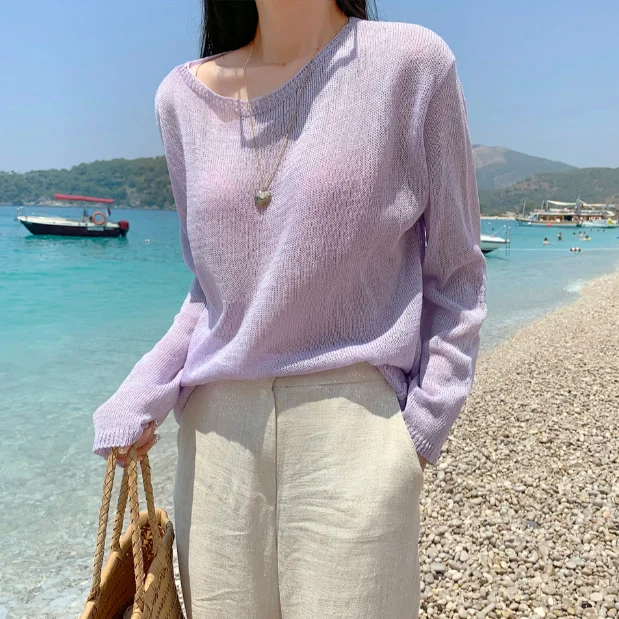 

Autumn Knitted Sunscreen Slightly Transparent Loose Vestidos Mujer O-neck Full Sleeve Casual Korean Sweater Thin Robe Femme