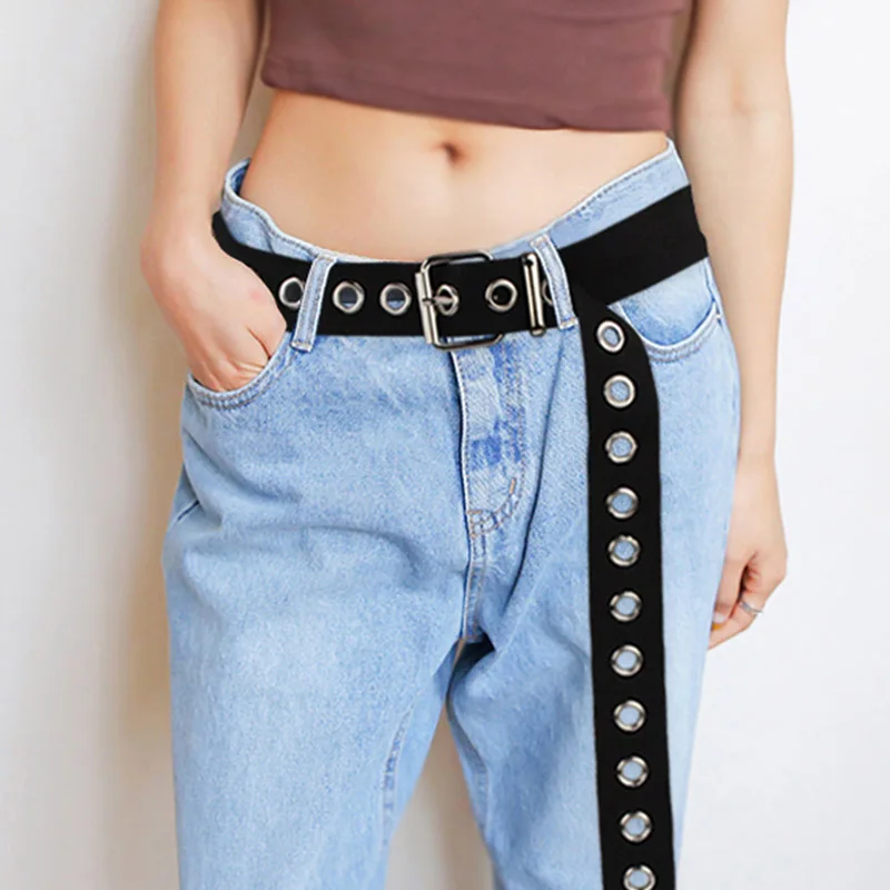

Women Canvas Belts Single Hole Metal Pin Buckle Ladies Long Waist Strap Jeans Trouser Student Black Belt Punk Adjustable