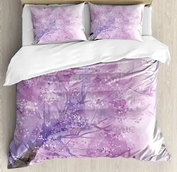 

Flower Duvet Cover Set Dreamy Tree Body View with Cloudy Details Love and Affection Valentines Inspired Motif Decorative 3 Piece