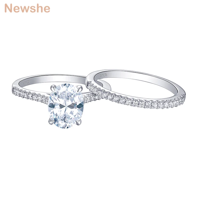 Newshe 2 Pieces 925 Sterling Silver Wedding Rings Set 1.9Ct Oval Shape AAAAA Zircon Jewelry Engagement Ring Straight Band BR0943 1