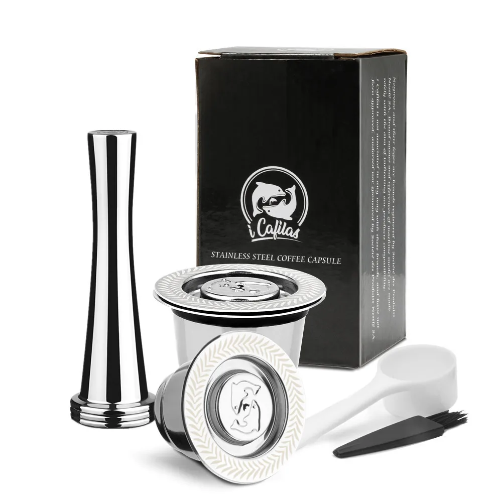 Нержавеющая Сталь Nespresso фильтры для кофе металлические кофейные капсулы стручки для эспрессо многоразовые Многоразовые корзины - Цвет: 2 capsules 1 tamper