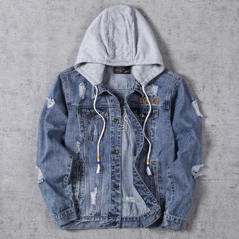 

Autumn New Denim Jacket Men Fashion Washed Hole Hat Detachable Denim Jacket Man Streetwear Hip Hop Loose Bomber Jacket M-4XL
