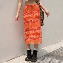 

Cute All-Match Skirts Beach Style Frill Sweet Mid-Calf Skirts Women Summer Y2k Orange Floral Long Skirts Fashion Bottom Skirts