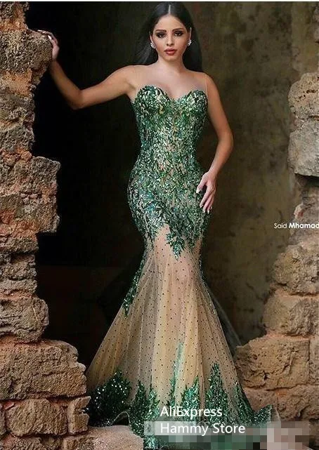 

Arabic Style Emerald Green Mermaid Evening Dresses Sexy Sheer Crew Neck Hand Sequins Elegant Said Mhamad Long Prom Gowns Party W