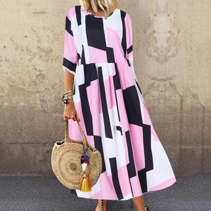 Летнее платье женское повседневное свободное с круглым вырезом средней длины