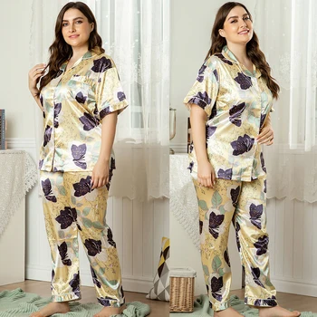 

2PCS Short Sleeve Pajamas Printed Women Summer Pyjama Sets Faux Silk Satin Sleepwear Pyjamas Plus Size Nightwear Set Leisure New