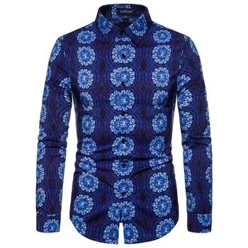 

Vintage Ethnic Floral Shirt Men Slim Fit Camisa Masculina 2019 Autumn New Long Sleeve Mens Dress Shirts Streetwear Show Shirt