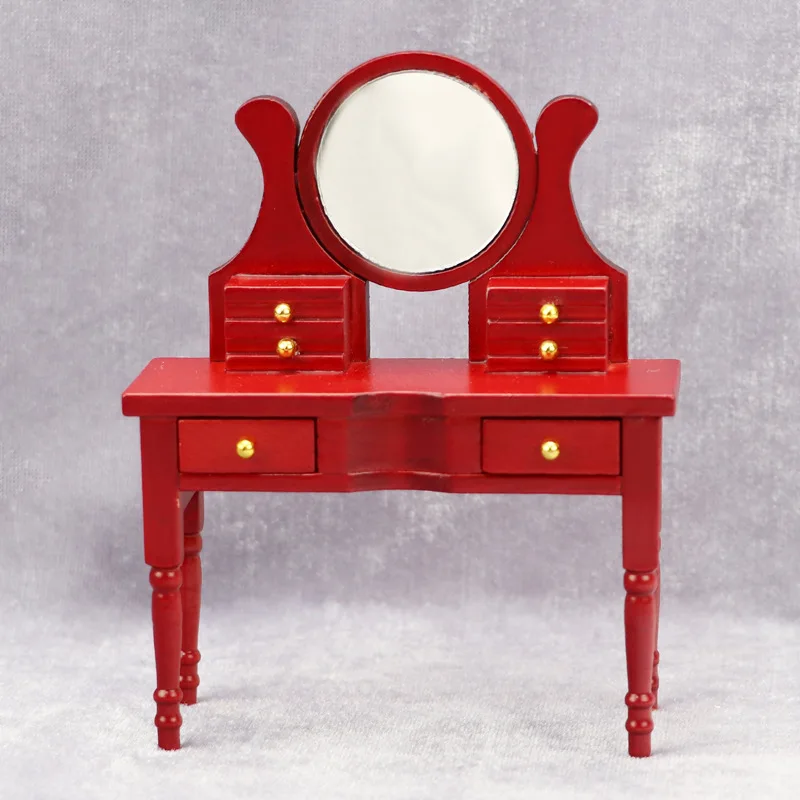 

2pcs Set 1:12 Dollhouse Miniature Furniture Bedroom Dressing Table Stool + Mirror Mahogany Dressing Table/Mirror