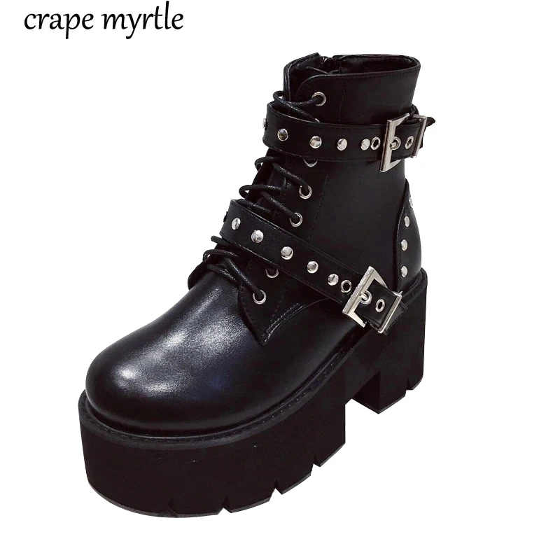 Botas de tacón bajo con tachuelas para mujer, botas de invierno con tachuelas  negras, zapatos de nieve de tacón bajo estilo gótico Punk, YMA940-2 -  AliExpress Calzado