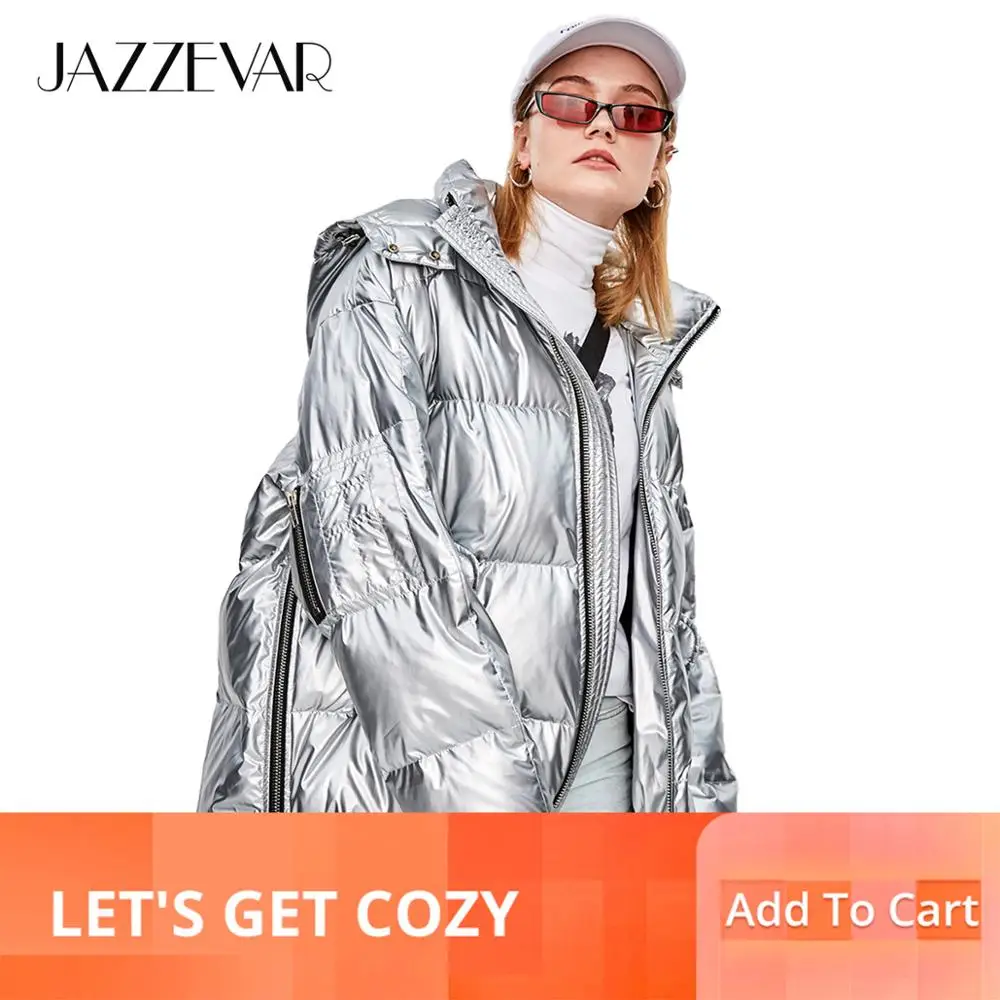 

JAZZEVAR 2019 New Winter Fashion Street Womens Edgy Sliver Short Down Jacket Cool Girls Zipper Hooded Down Coat Outerwear z18004