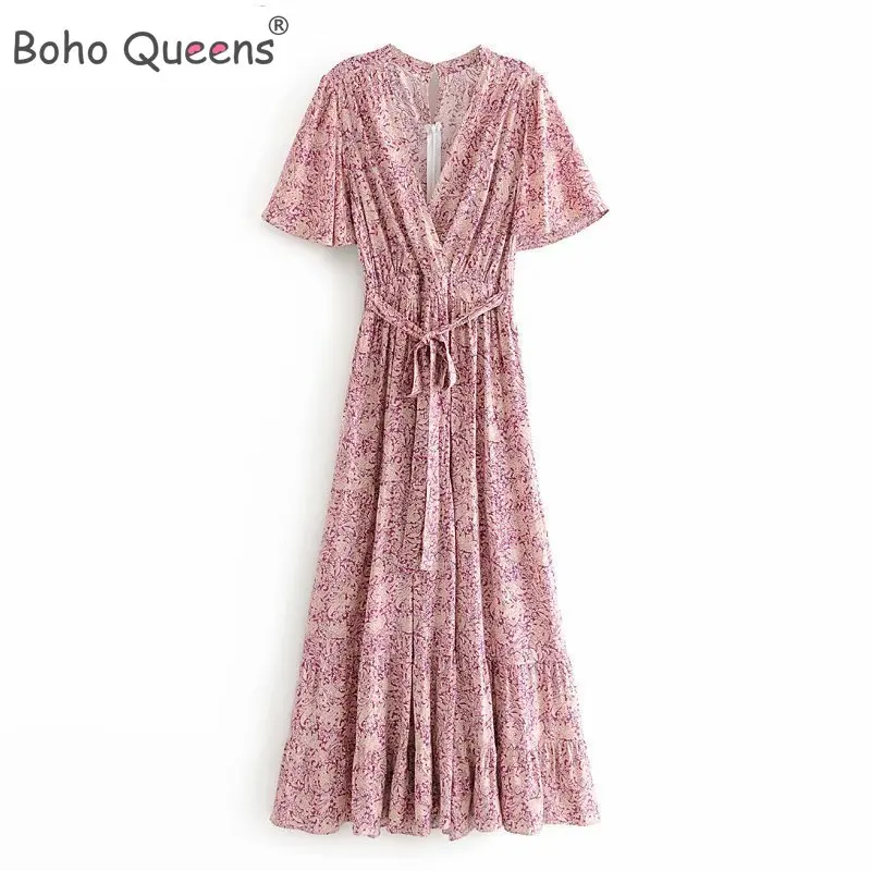Boho королев для женщин с цветочным принтом поясом рисунком оборками пляжное
