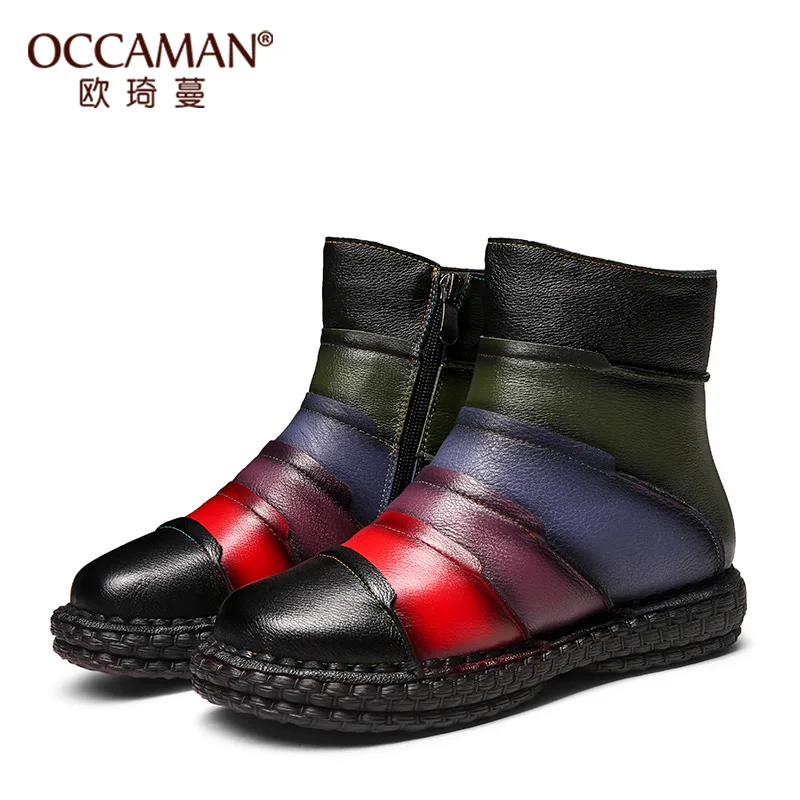 

OCCAMAN High Quality Mixed Colorful Stitching Genuine Leather Shoes Warm Short Plush Female Basic Platform Wedges Boots 13072