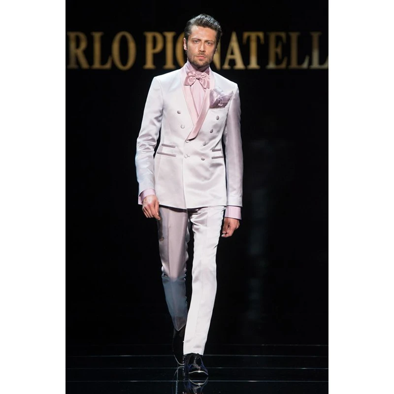 

New Style Ivory Suits Pink Lapel Prom Men Suits Slim Fit Custom 2 Piece Wedding Suits For Men Groom Blazers(Jacket+Pants)